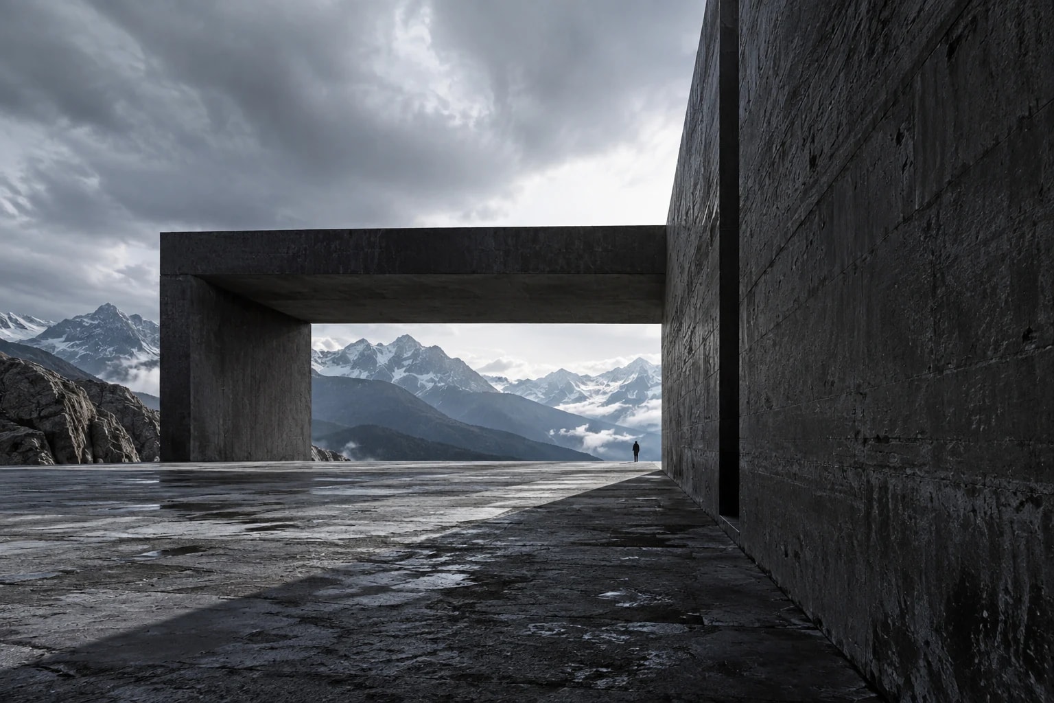 Concrete architecture framing distant Alpine mountains