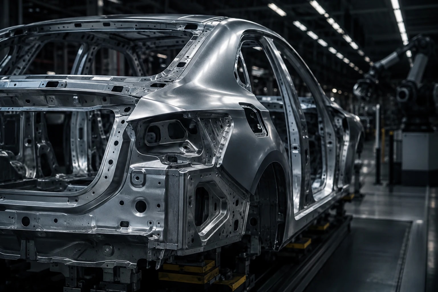 Unpainted automotive body shell on an assembly fixture