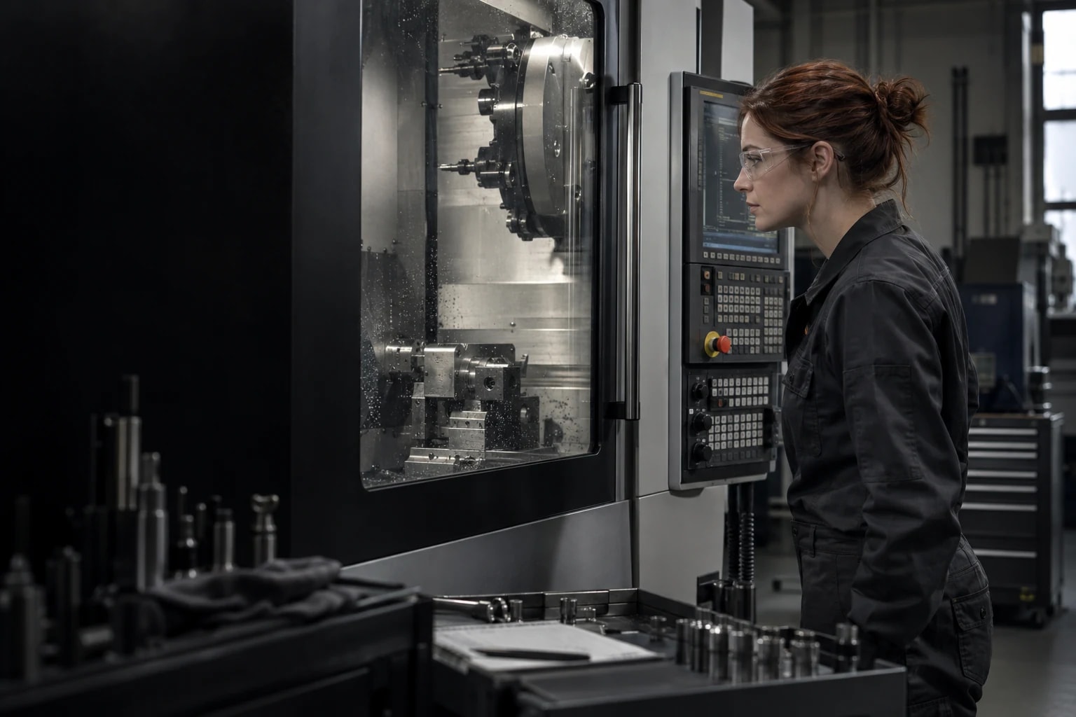 Fertigungstechnikerin prüft eine stillstehende CNC-Maschine