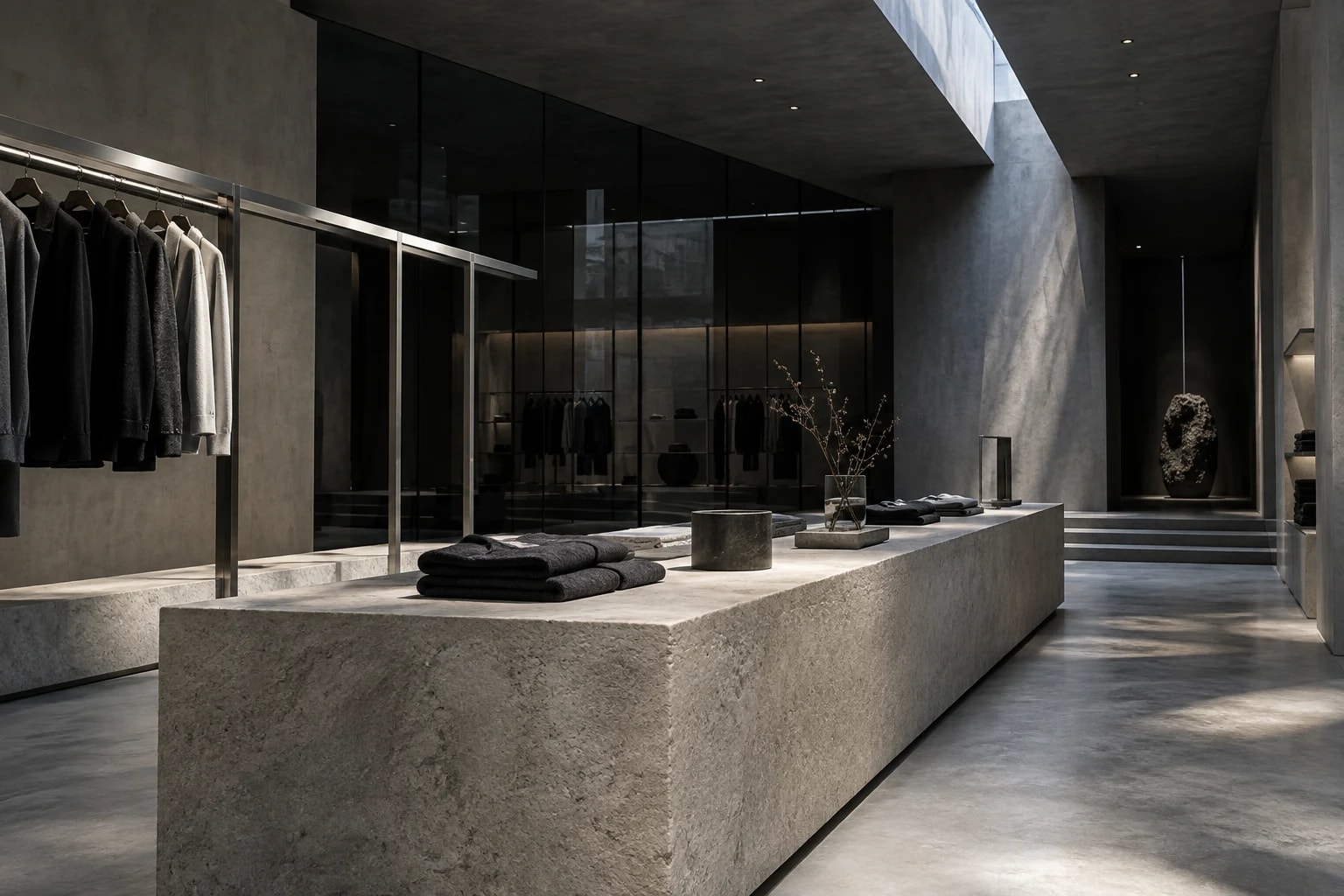 Stone merchandising island and steel rails in a quiet retail interior