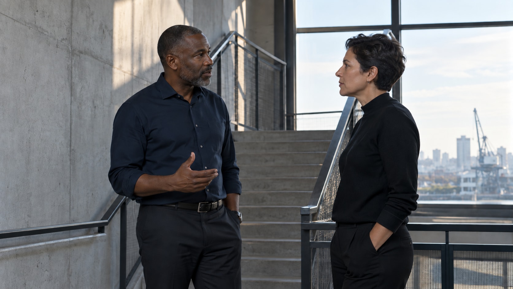 Two engineers in conversation in a concrete research building