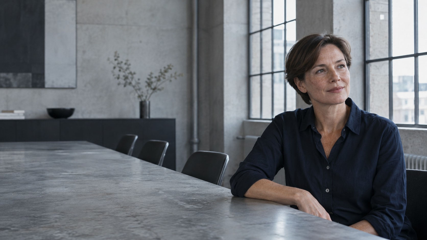 Woman listening at an industrial studio meeting table