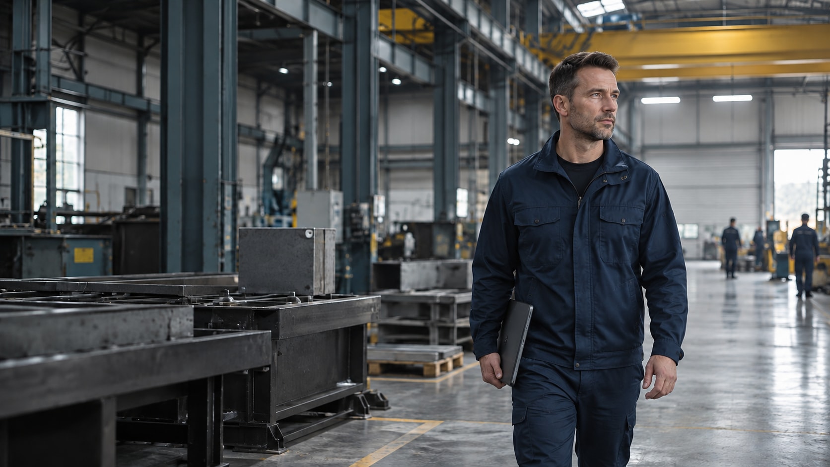 Engineer walking through a tall industrial hall