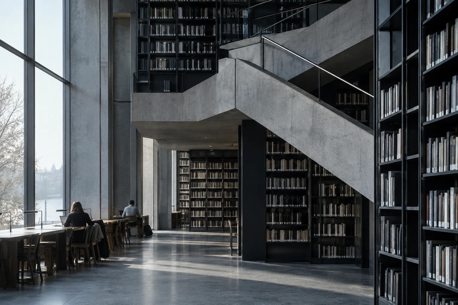 Betontreppe, Lesetische und hohe Bücherregale in einer Forschungsbibliothek