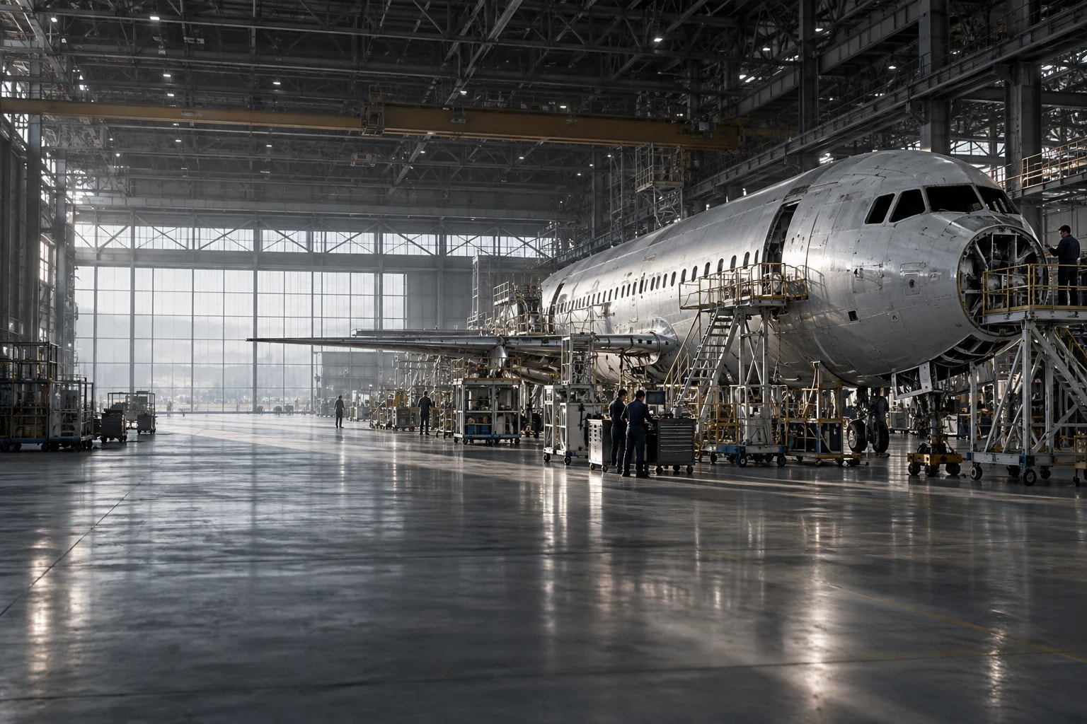 Unfertiges Zivilflugzeug in einer Montagehalle