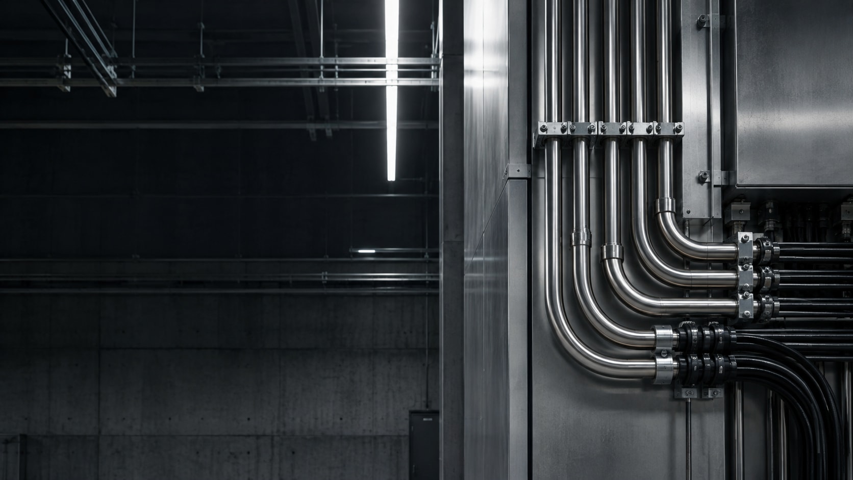 Steel conduit and cables entering an automation cabinet