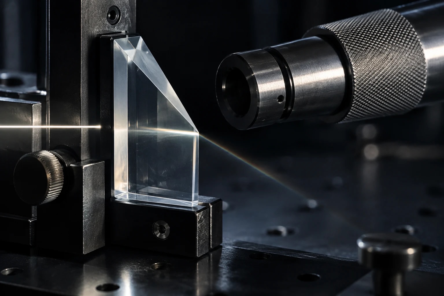 Optisches Glas und Präzisionsinstrumente auf einem dunklen Labortisch