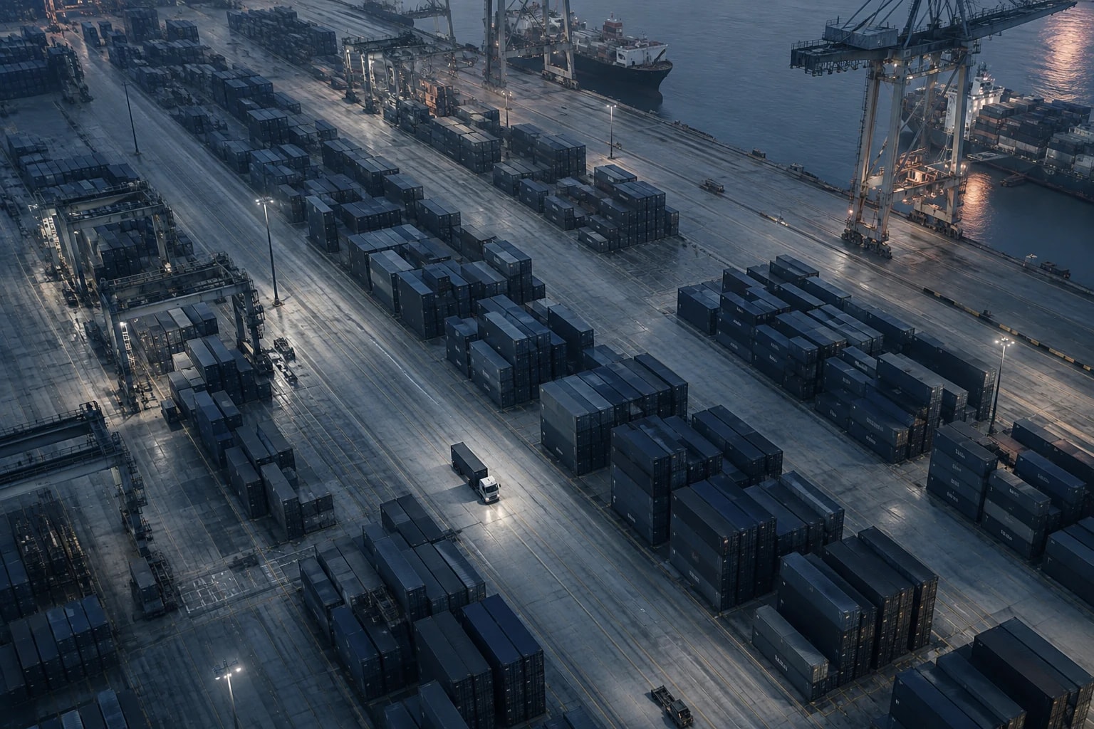 Luftaufnahme eines Containerterminals in der blauen Stunde