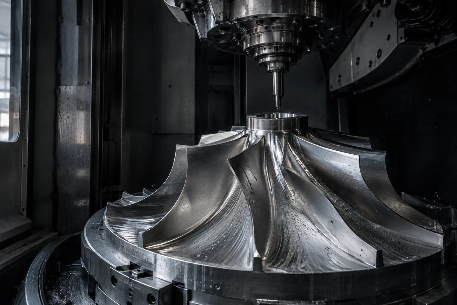 Gefrästes Metalllaufrad unter einer stillstehenden CNC-Spindel