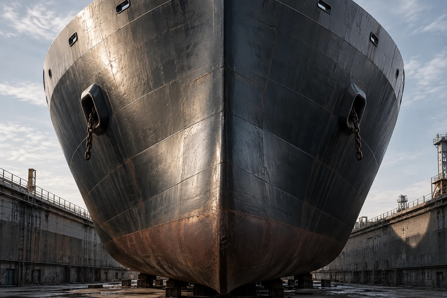 Stahlbug eines Frachtschiffs im Trockendock