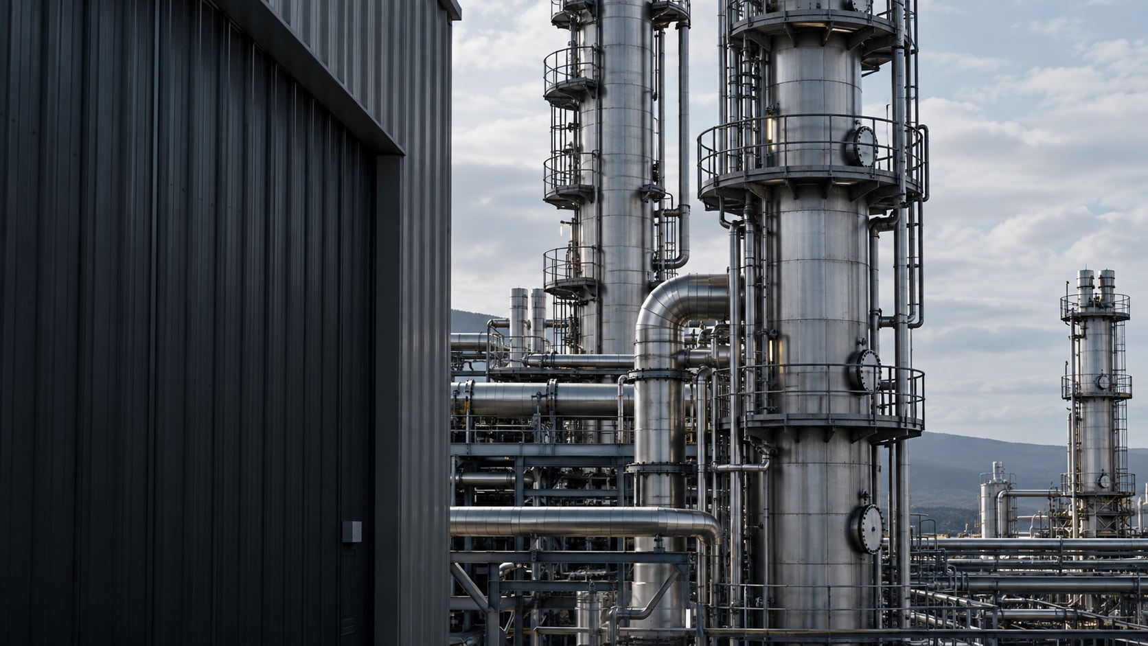 Steel distillation columns and pipework in a petrochemical plant