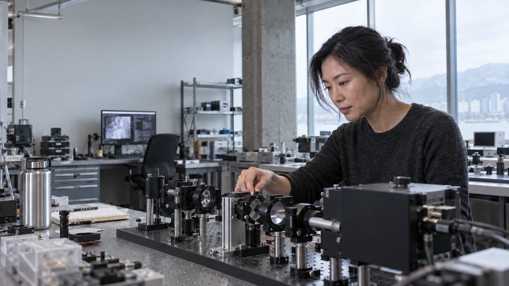 Forscherin untersucht ein optisches Instrument