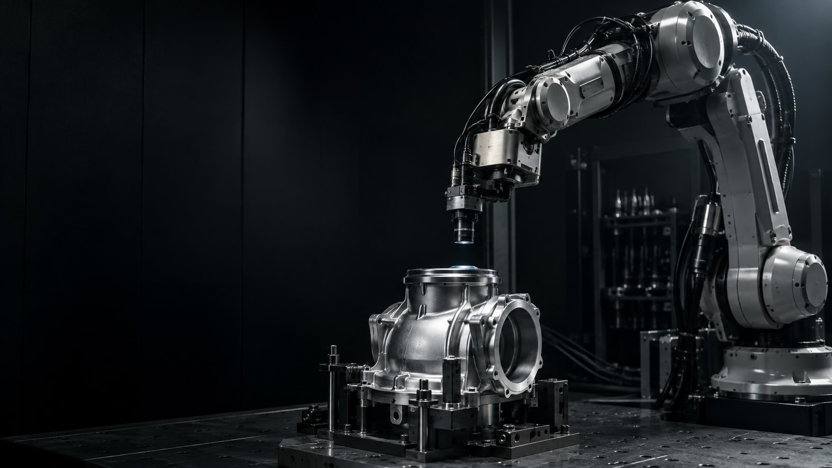 Industrieroboter prüft ein gefrästes Gehäuse in einer dunklen Testzelle