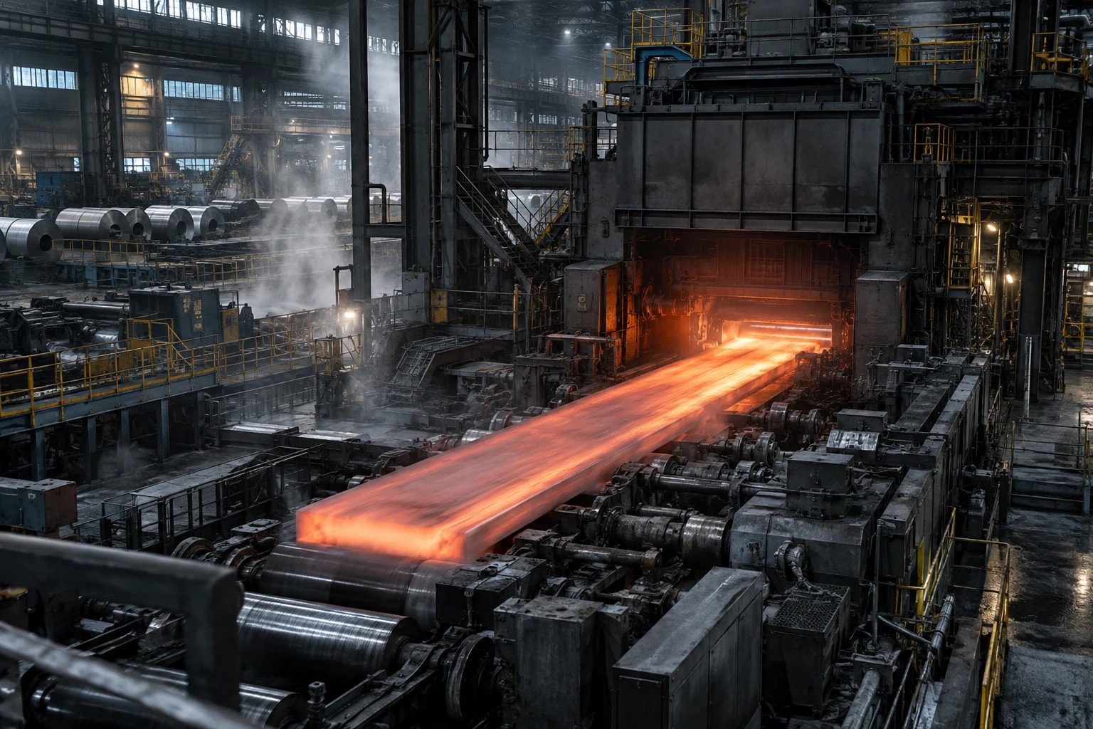 Glühende Stahlbramme in einem industriellen Walzwerk