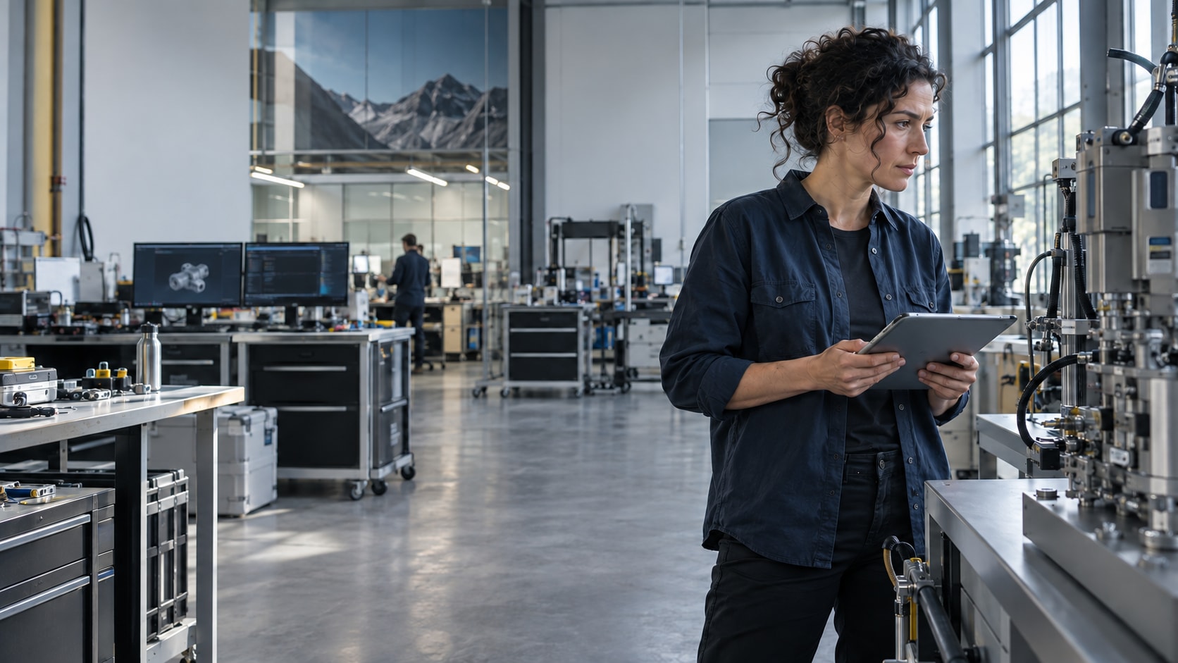 Ingenieurin betrachtet Instrumente in einem Industrielabor