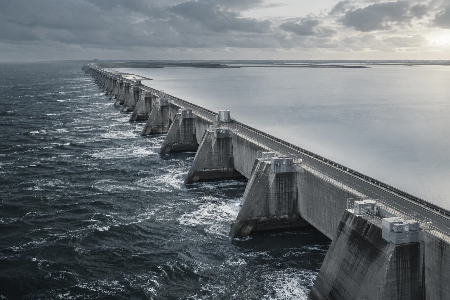 Küstenschutzbarriere zwischen offenem Wasser und einem geschützten Becken