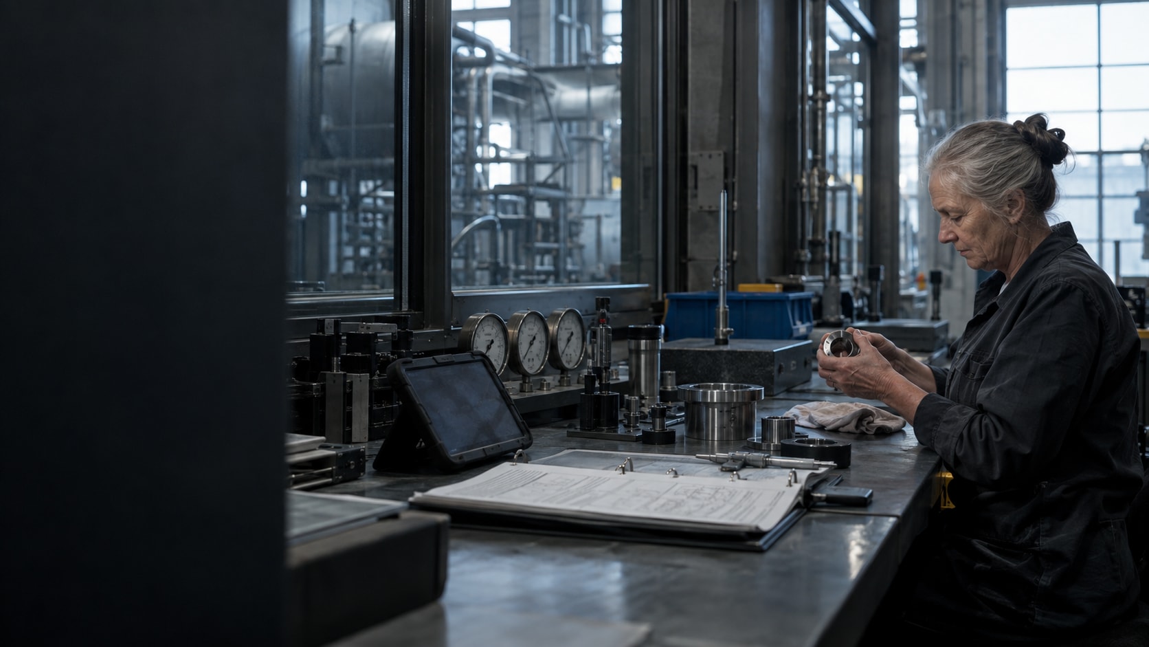 Technician checking a part beside a procedure binder