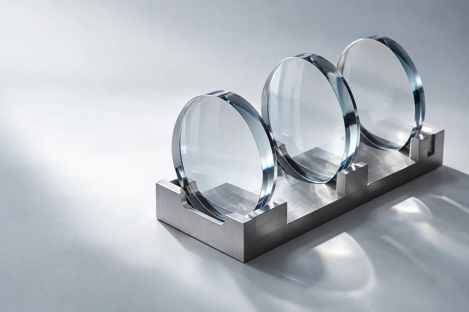 Präzise optische Glasscheiben auf einer hellen Studiofläche