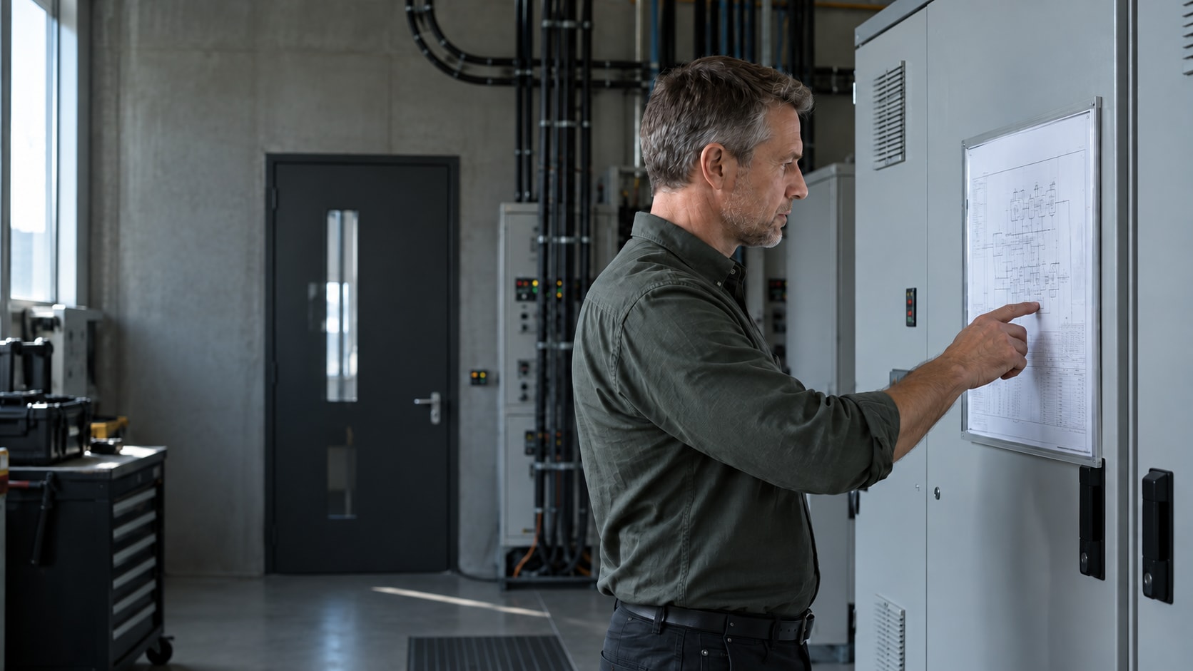 Ingenieur prüft ein Diagramm an einem Schaltschrank