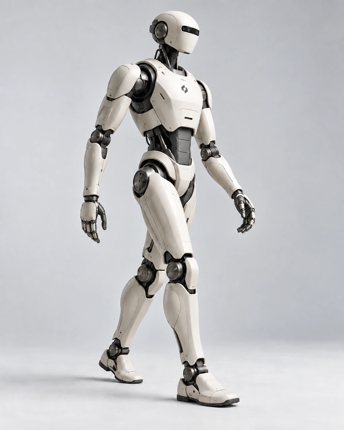 Ein humanoider Roboter in voller Größe bei einem ausbalancierten Schritt in einem leeren hellen Studio