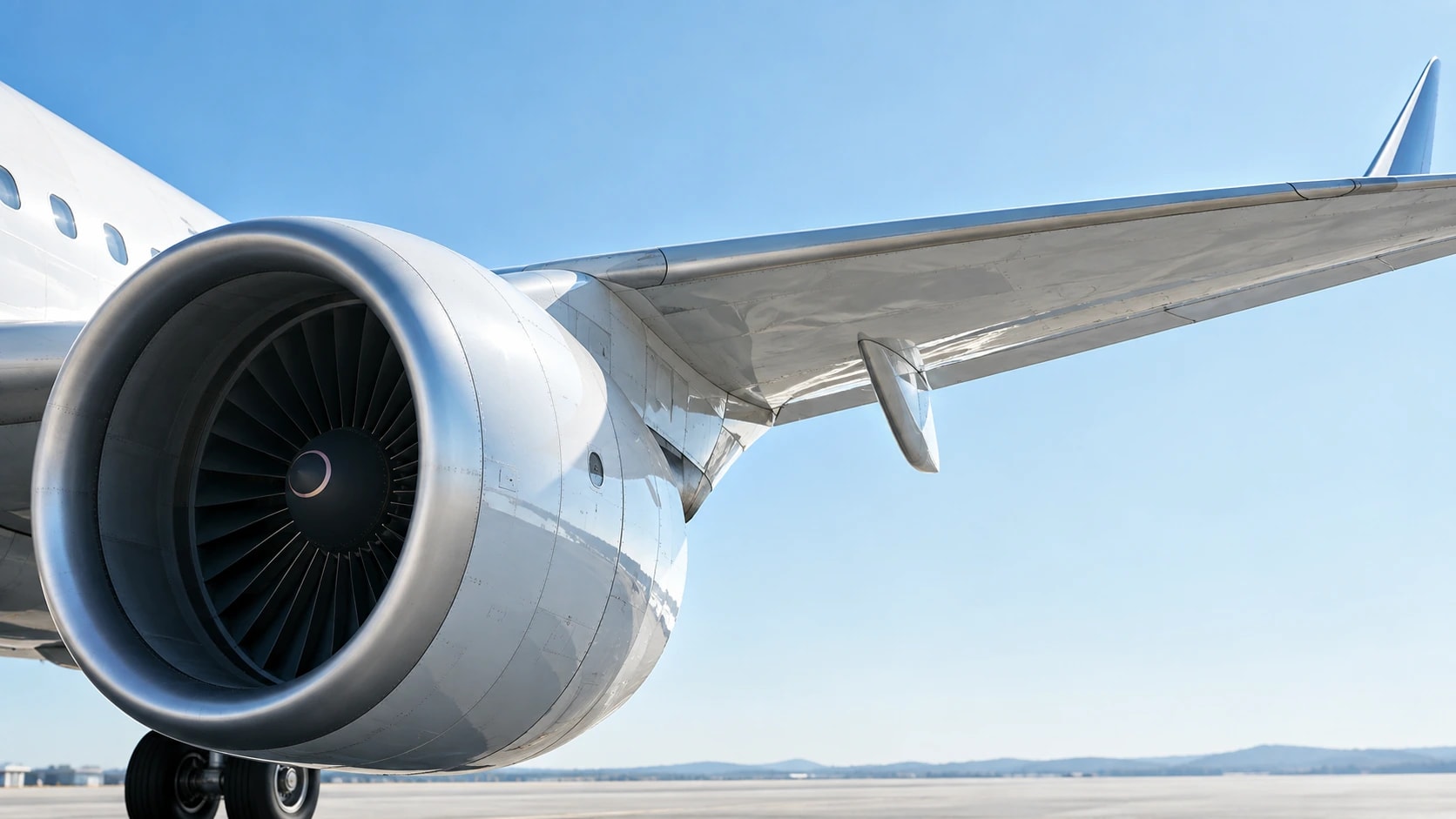 Flugzeugflügel und Turbine bei klarem Tageslicht