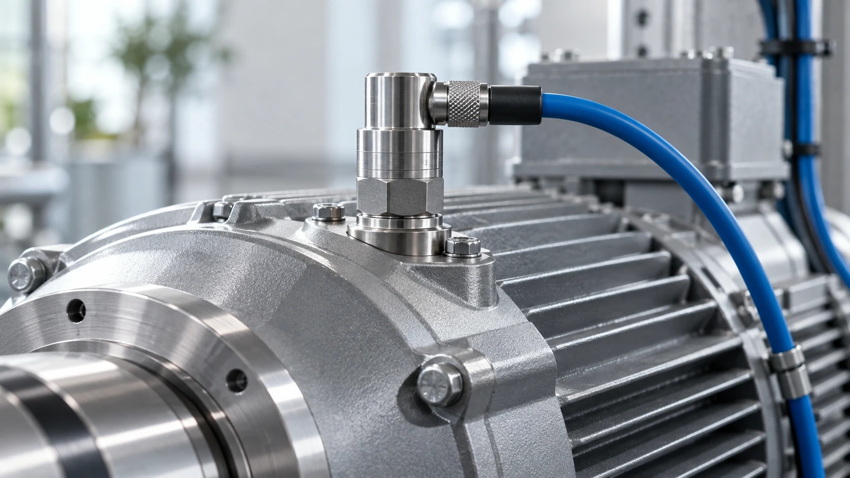 A vibration sensor and blue cable on a silver motor housing