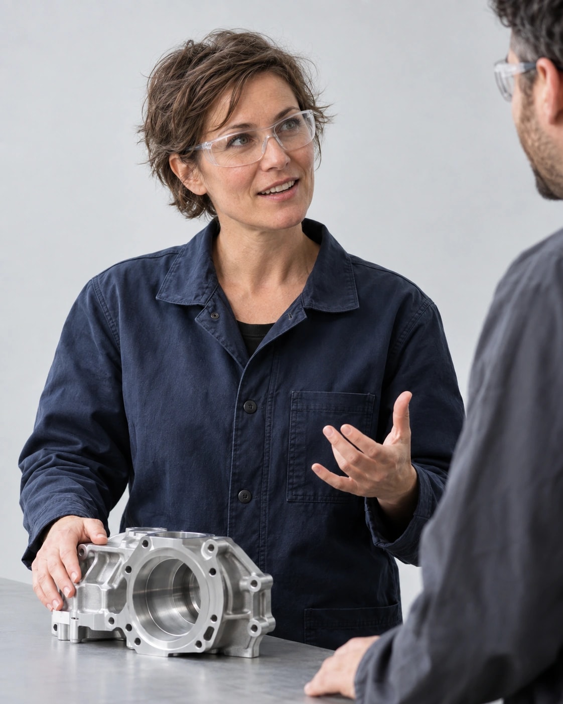 Eine Ingenieurin erklärt einem Kollegen ein gefrästes Aluminiumbauteil und gestikuliert im Gespräch